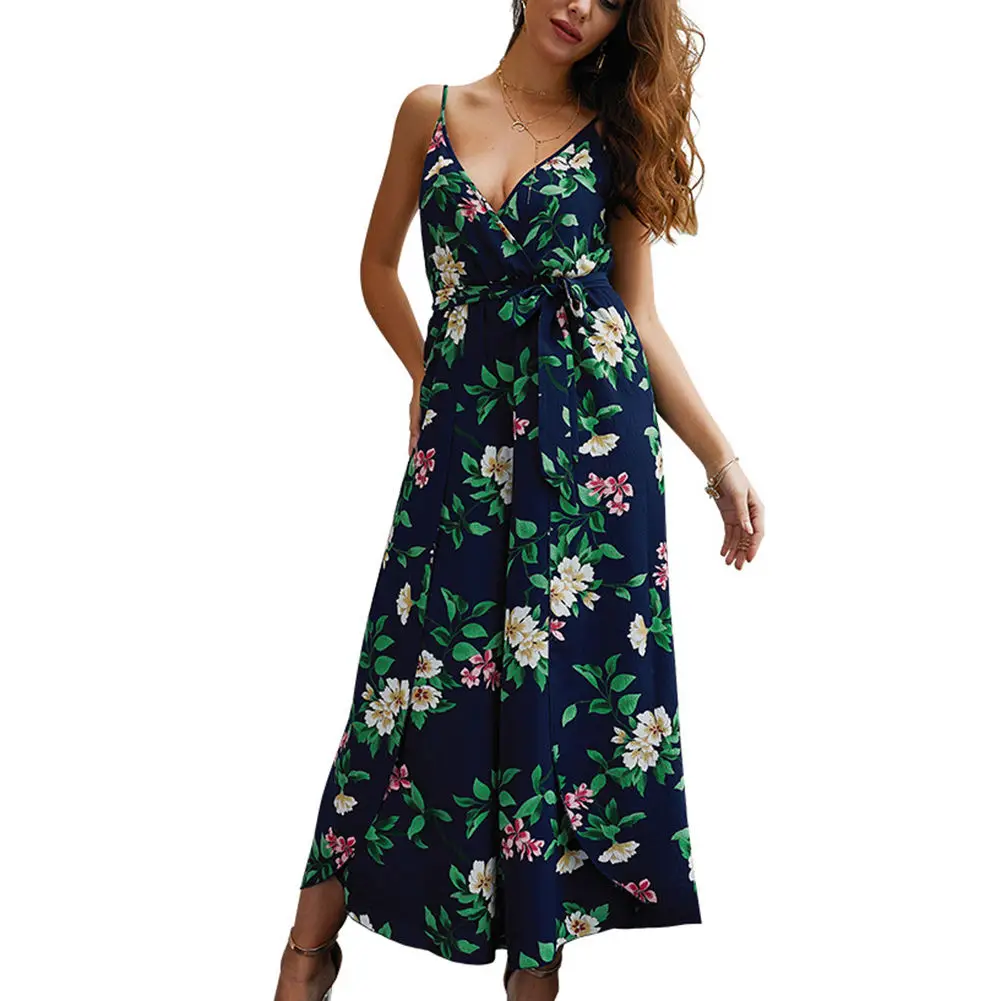 

Women Floral Sling Split Slim Up Jumpsuit V Neck Backless Loose Rompers Combinaison Femme Spring Summer Beach Party Holiday
