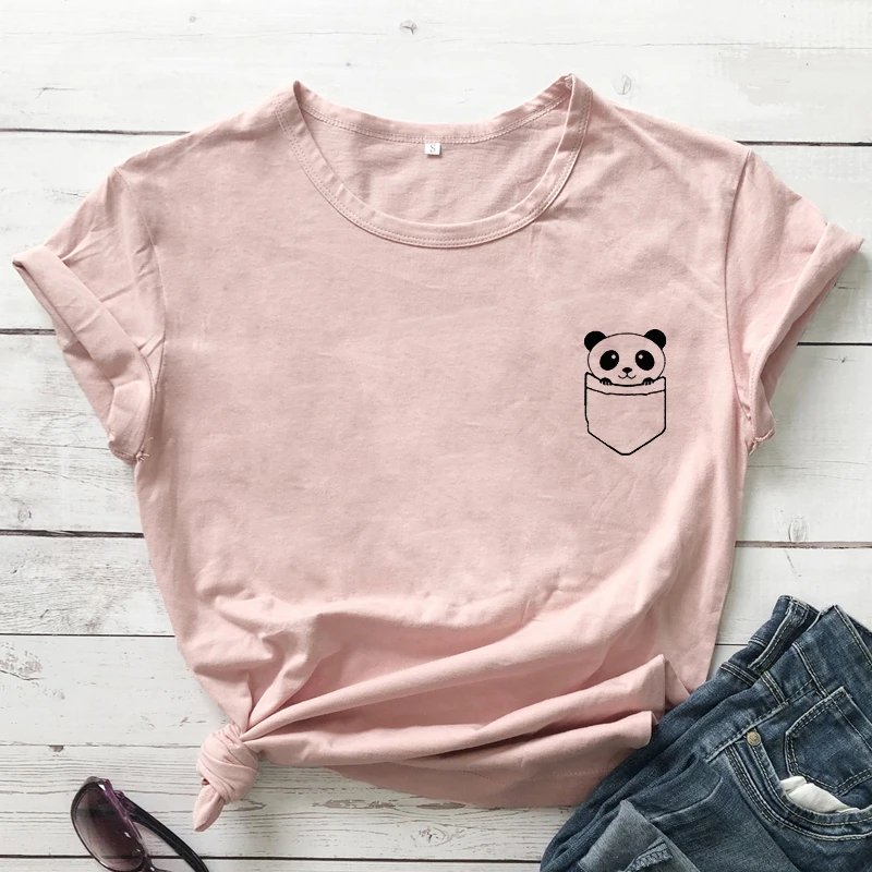 

Panda Pocket T-shirt Cute Women Tumblr Graphic Tee Shirt Top Streetwear Kawaii 90s Girl Hipster Summer Tshirt Femme Dropshipping