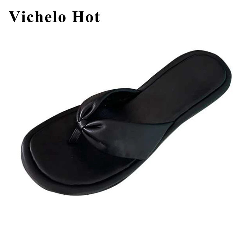 

Vichelo Hot new full grain leather high fashion concise style cozy open toe round heel flip-flop shoes women summer sandals L50