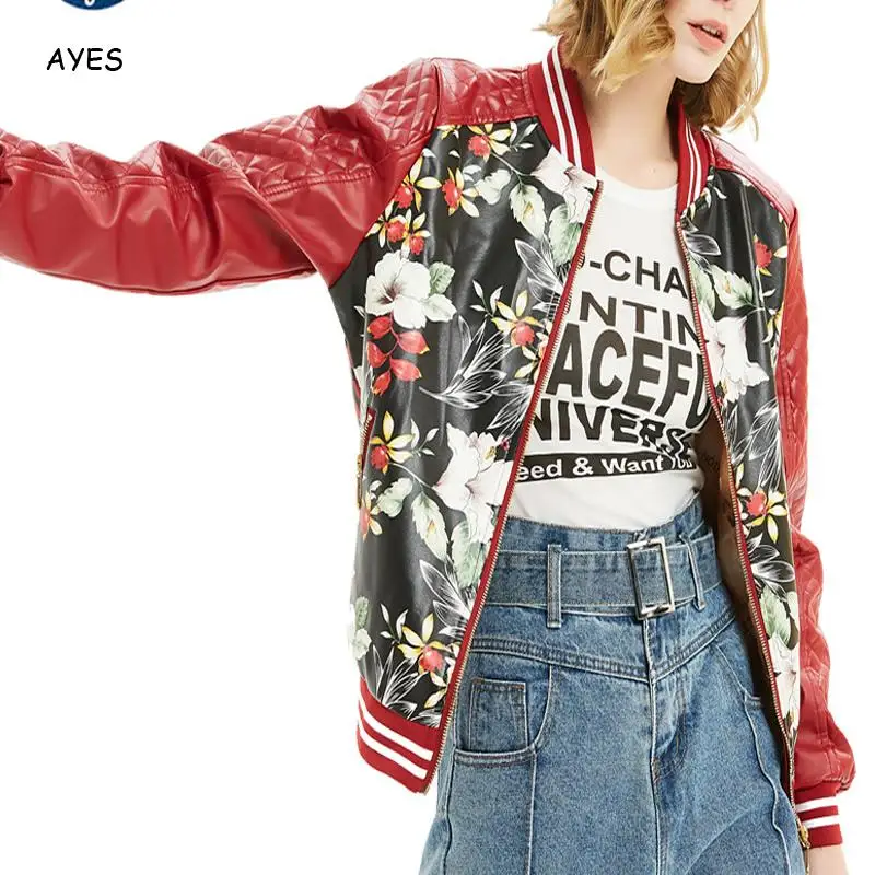 

2019 Floral Motorcycle Jackets Women Zipper Leather Baseball Coat Fashion Faux Leather Overcoat Patchwork Female Bomber Jacekt