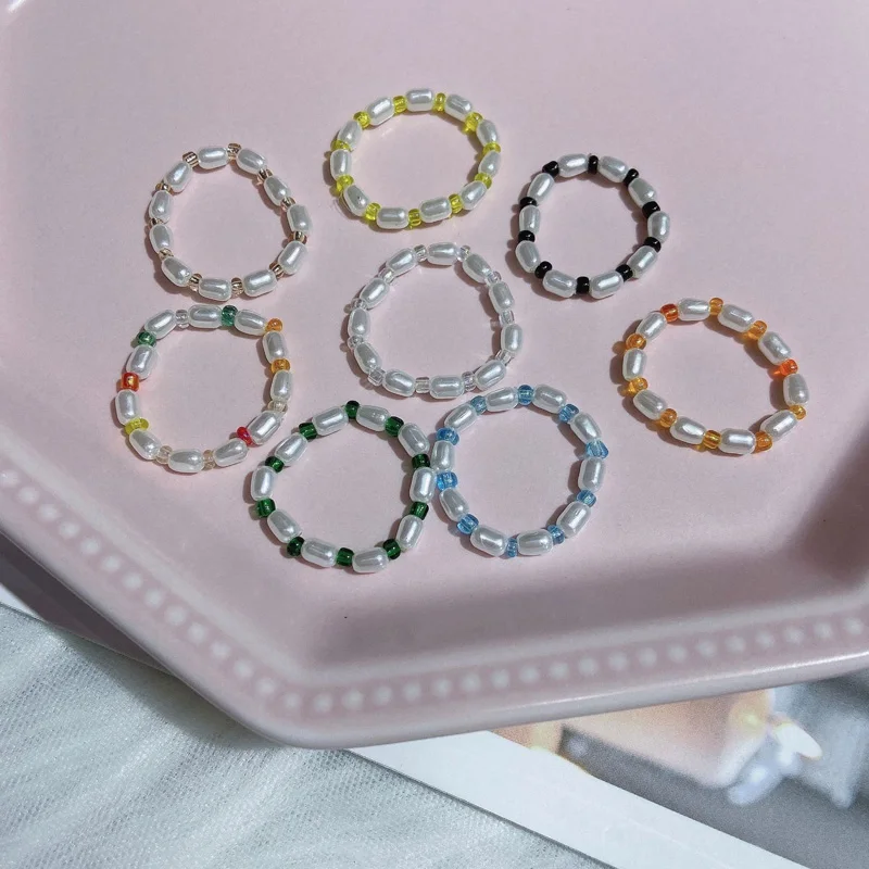 

2021 3mm Mixed Color Imitation Pearl Rings For Women Beads Elastic Rope Bohemian Fashion Jewelry Gifts Adjustable