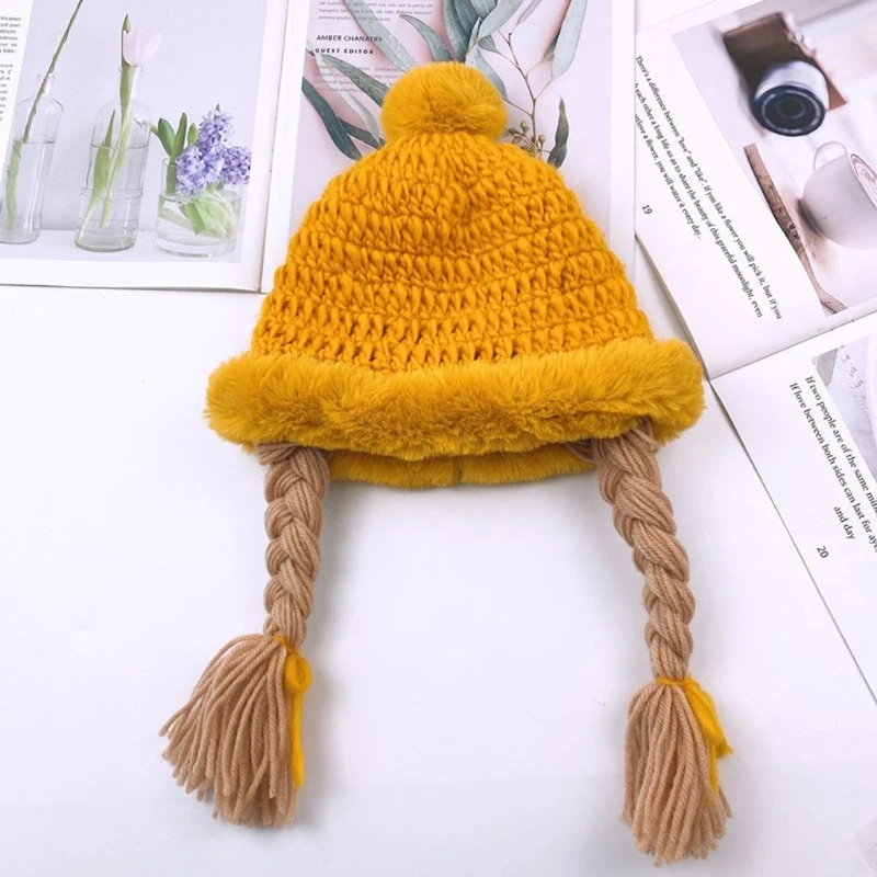 

Children Knitted Hat Baby Girls Cute Wig Big Braid Hat Kids Winter Soft Warm Princess Cap Birthday Gift