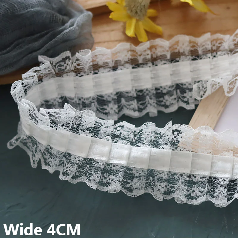 

4CM Wide White Black Pleated Mesh Satin Fabric Fringe Ribbon Lace Embroidery Collar Trim Curtains Apparel DIY Sewing Supplies