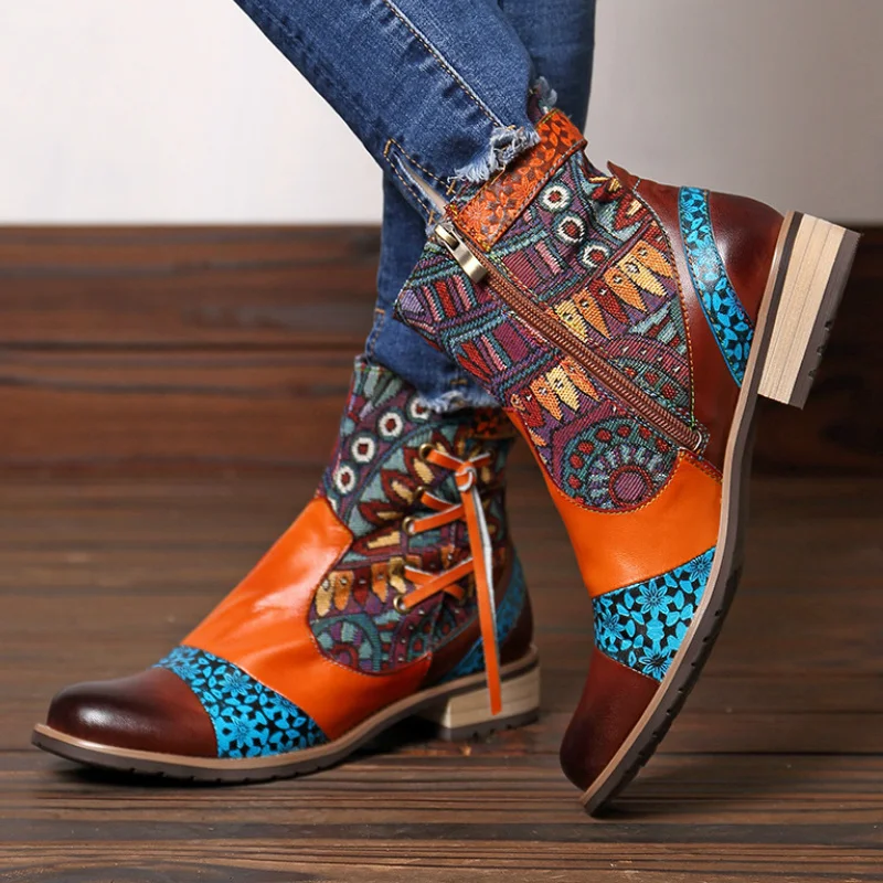 Winter Ethic Retro Women's Boots Multi Totem Print Patchwork Chunky Heel Buckle Lace Up Leisure Vintage Shoes Ladies Female 2020 | Обувь