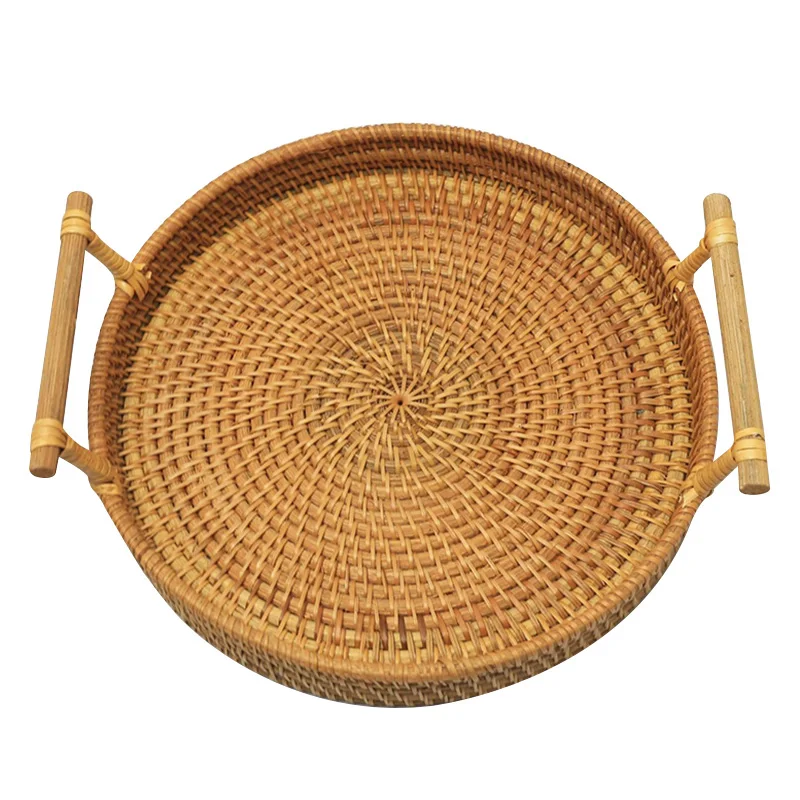 

Hand Woven Wicker Rattan Basket Bread Fruit Snack Tray Round Storage Basket ANDF889