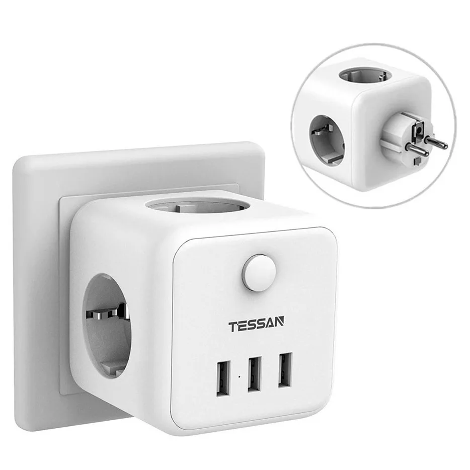 

EU Power Plug Extension Socket with 3 Outlets On/Off Switch TESSAN Power Strip USB 5V/2.4A 110~250V Wall Multi Outlets