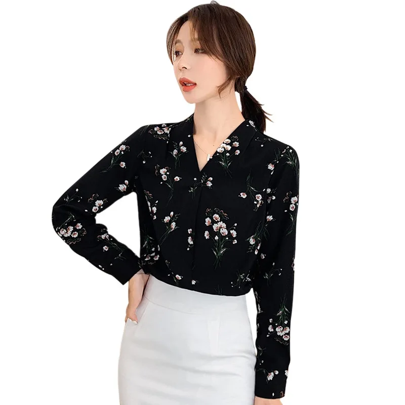

Women Long Sleeve Printed Shirts Casual V-Neck Floral Blouses Summer Chiffon Blouses