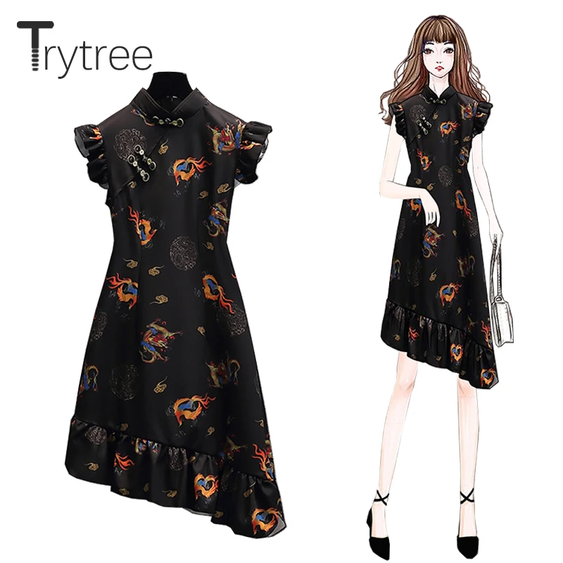 

Летнее женское Повседневное платье Trytree с принтом китайской пуговицы, воротник-стойка, летающий рукав, плиссированный подол