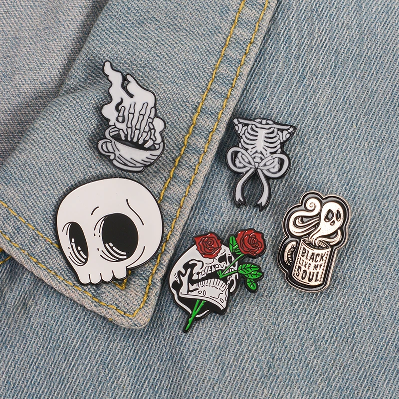

Skeleton Enamel Pin Skull Coffee Ghost Rose Badge for Bag Lapel Brooch Denim Jean Shirt Gothic Punk Jewelry Gift for Friends