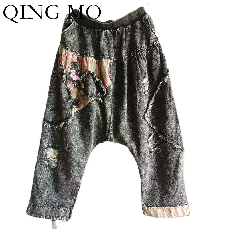 

Женские рваные джинсы с поясом на резинке QING MO, брюки-султанки с широкими штанинами в стиле ретро, модель ZWL730 на осень, 2021