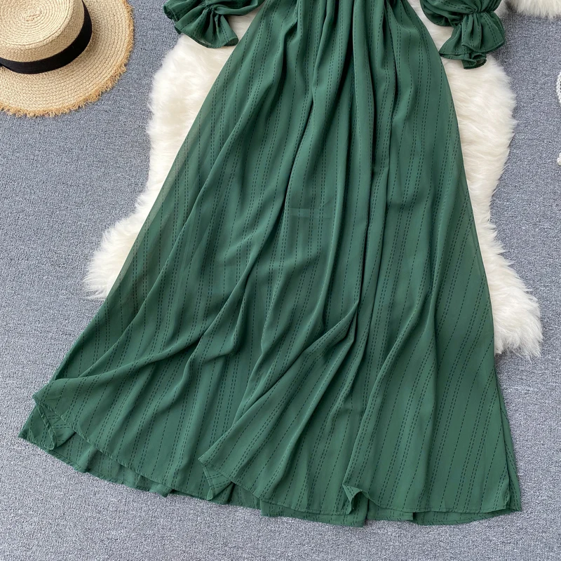 

Summer Beach Chiffon Long Dress Elegant Solid Lantern Sleeve High Waist Women Maxi Dress Party Club Ladies Vestidos 2020 New
