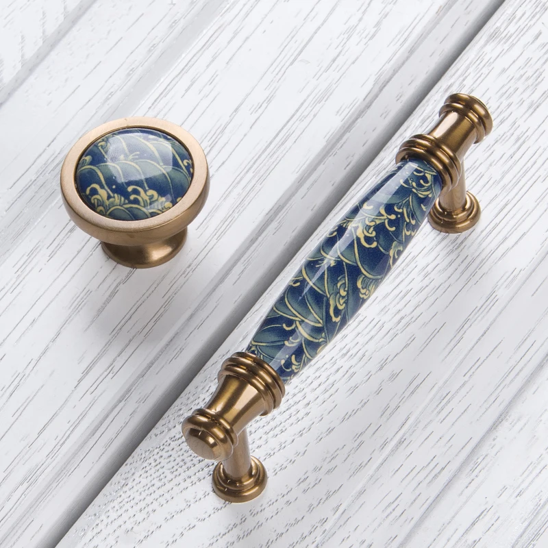 Синие листья ручная роспись керамики ручки и шкаф ручка шкафа ящика для