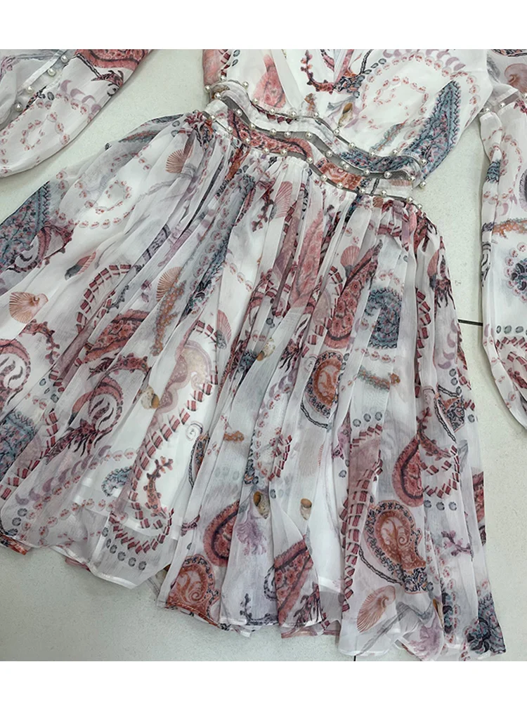 

Beaded Beading Stitching Hollow Mesh Retro Geometric Print Imitation Silk Dress Ladies' Spring New Style Big Puff Skirt