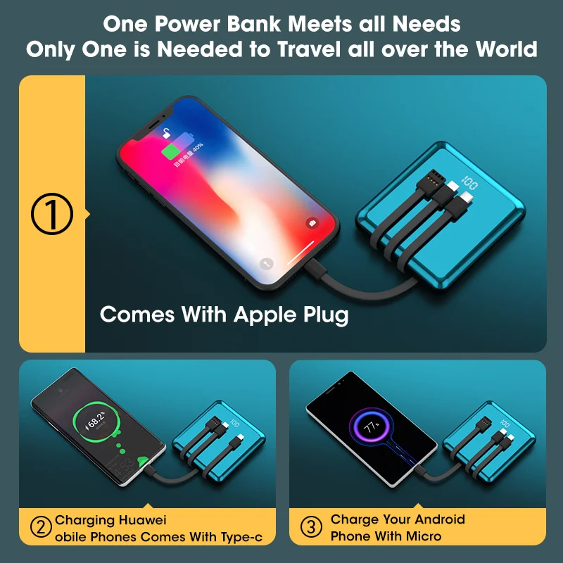 Беспроводное зарядное устройство Qi портативное на 20000 мАч с кабелем внешний