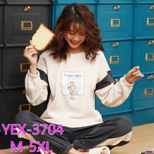 YEX-3704 Осенне-зимние пижамные комплекты размера плюс 3XL 4XL 5XL, хлопковые пижамы с длинным рукавом, свободная одежда для сна, пижамы с v-образным вырезом, женские пижамные комплекты - Цвет: YEX-3704
