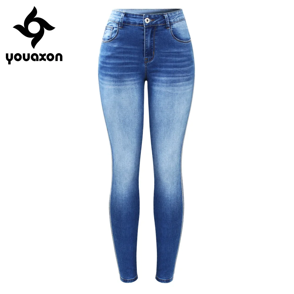 Джинсы Youaxon с полосками сбоку Выцветшие джинсы размера плюс Стрейчевые узкие