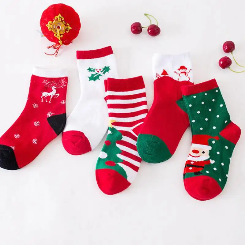 

5 Pcs Christmas Cotton Baby Boys Girls Winter Cartoon Socks Santa Claus New Year Stripe Soft Warm Anti-skid Children Socks 1-12t