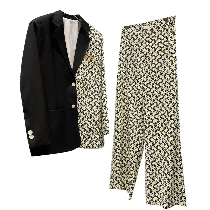 

Summer Floral Splicing Design Wide Leg Pants + Blazer Women Two Piece Set For Summer