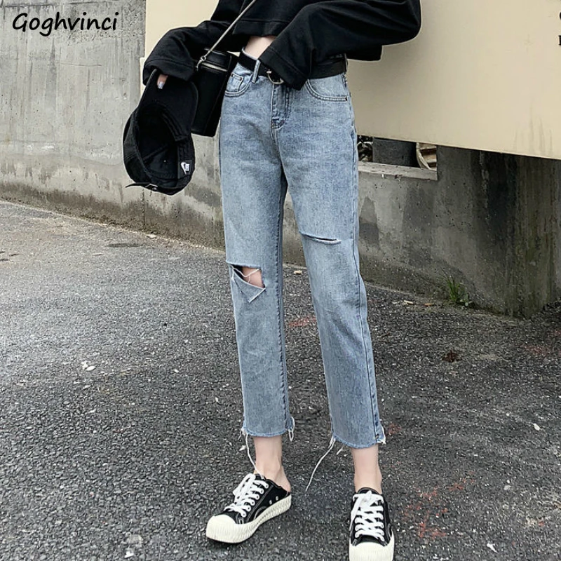 

Jeans Women Ripped Hole Denim Chic Ankle-length Straight Casual High Waist Soft Womens High Quality Female Summer New Arrival