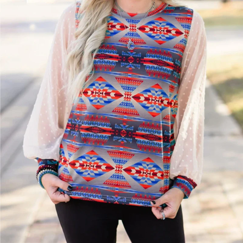 Casual Loose Office Lady Stitching Pullover Top New Mesh Long Sleeve Women Tops Fashion Summer Slim Fit Printed Bottoming Shirts | Женская