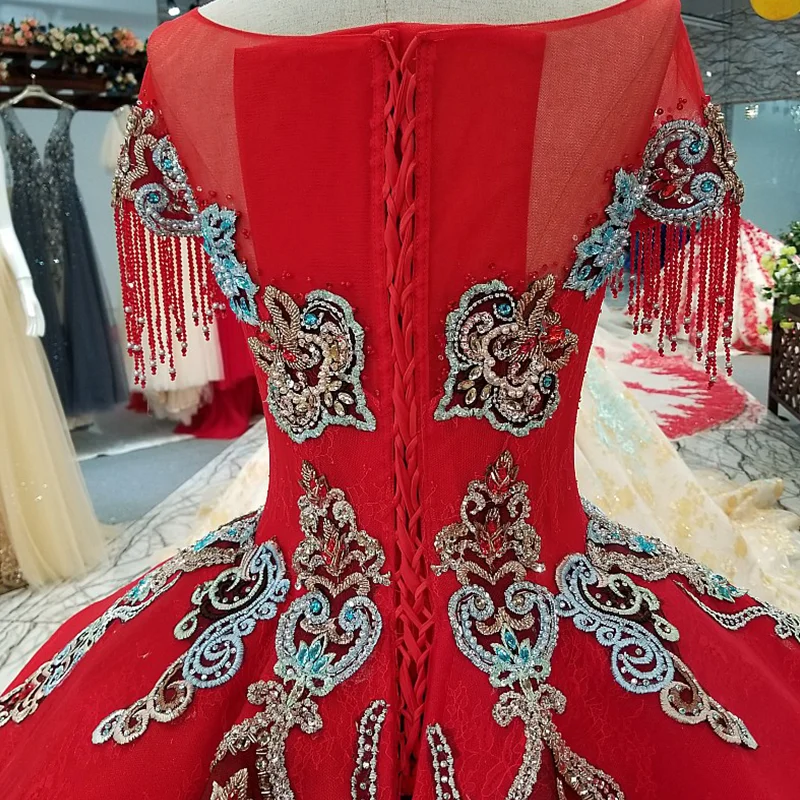 

LS61187 floor length evening dress o-neck short sleeves vintage wedding party dress red celebrate dress from china gala jurken