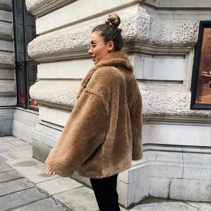 Classic Turn-down Collar Solid Faux Fur Jacket Coat Women 2019 Winter Warm Thicken Fake Lamb Overcoats Basic Soft Plush Overwear | Женская