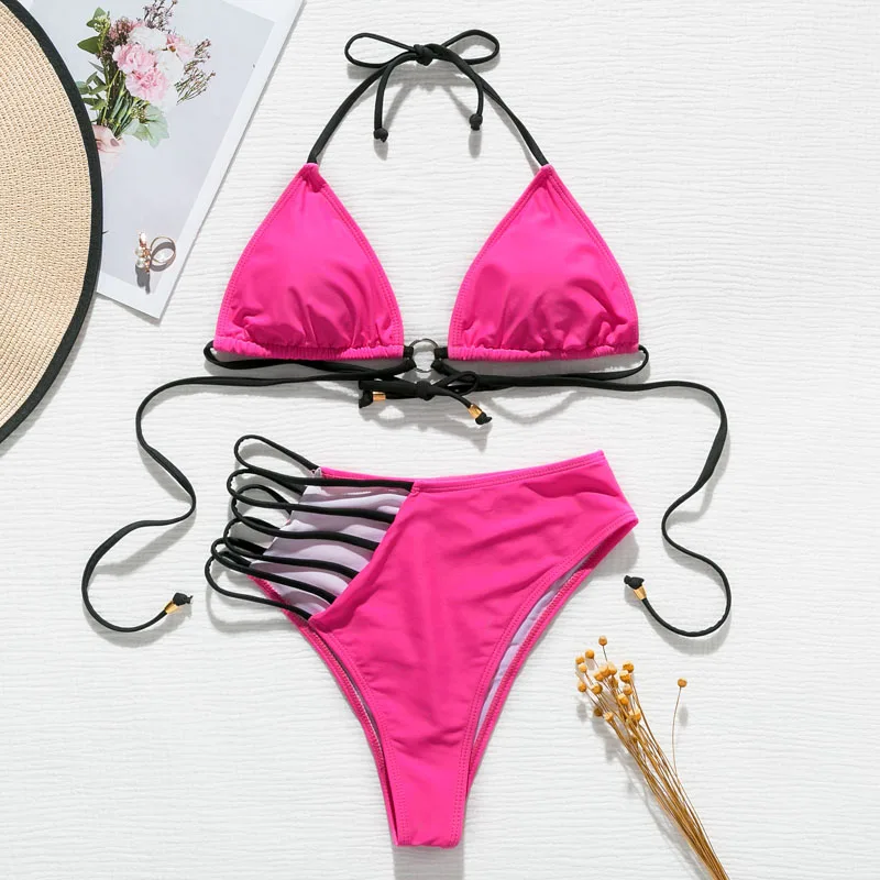 In-X, сексуальный комплект бикини с высокой талией, купальник с лямкой через шею, женский купальник с пуш-ап, Женский неоновый розовый бикини, купальный костюм, Летний