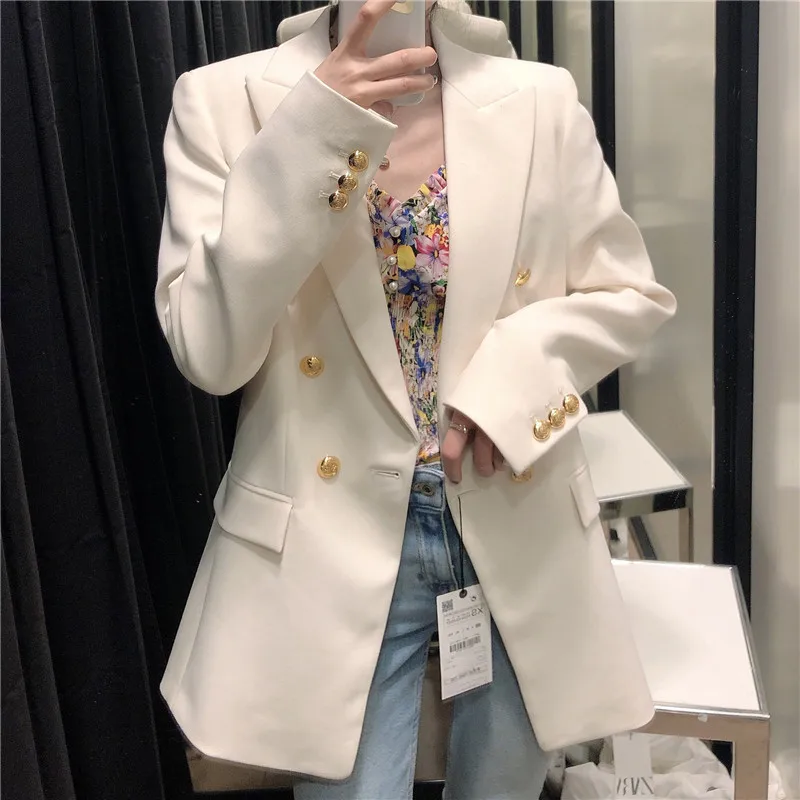 

Solid Femme Jackets Stylish New Designer Blazer Jacket Women's Double Breasted Metal Buttons Blazer