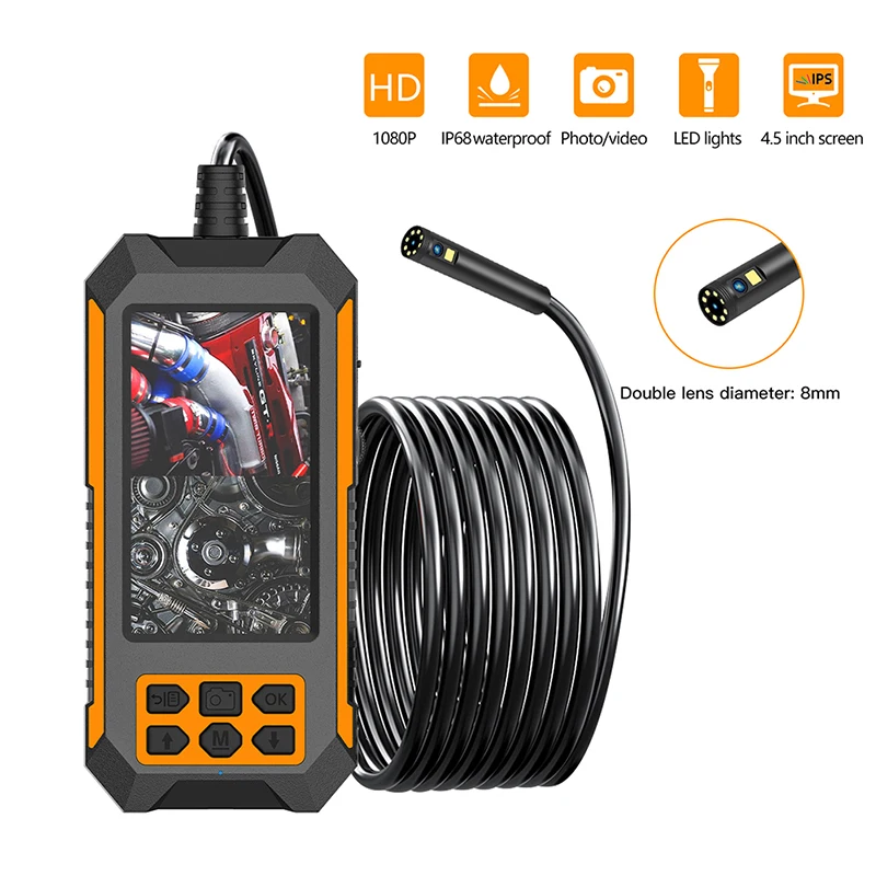 

4.5 "IPS Screen Dual Lens Industrial Endoscope 2.0 MP Bore Scope Snake Camera IP68 Sewer Pipe Drain Inspection Camera with 8 LED