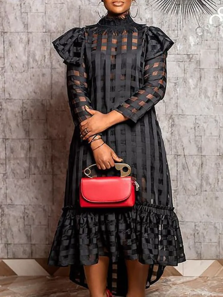 

Gothic Black Women Dress Ruffle Mesh Lace Hollow Out Loose Long Sleeve Plus Size Mid-waist Checkered Party Long Women Dresses