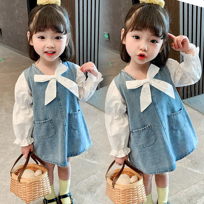 

Children's clothing girls autumn dress 2021 new middle child baby princess dress Korean girl denim skirt Baby clothes