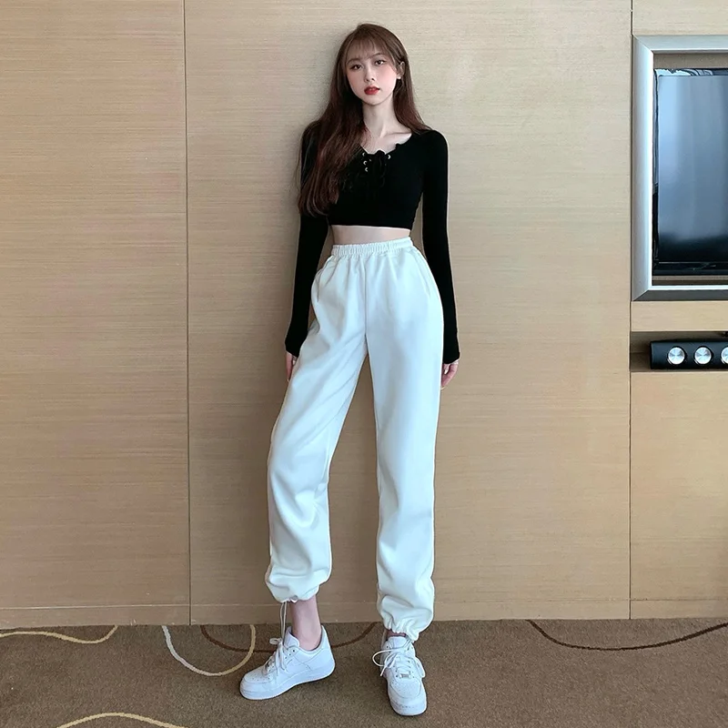 

2021 Women's White Sports Pants Female Ins Trendy Loose Tappered Slim Fit 150cm Women's Pants Spring and Autumn Sweatpants