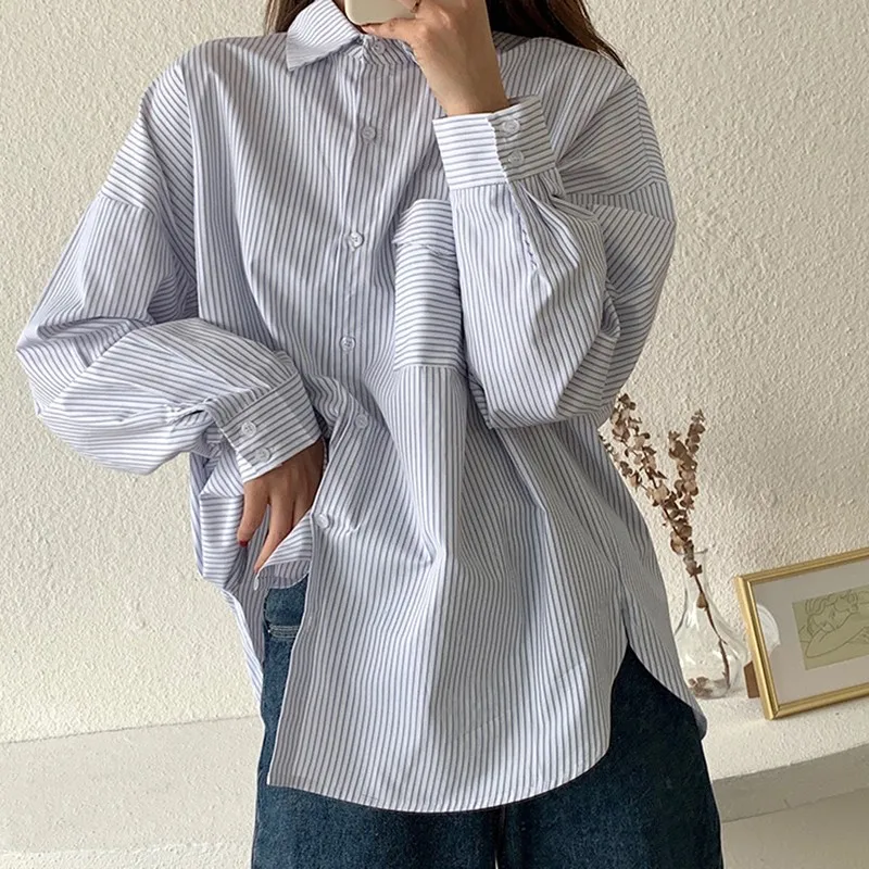 

Женские повседневные длинные рубашки большого размера, Новинка осени 2021, корейский стиль, винтажные полосатые универсальные свободные жен...