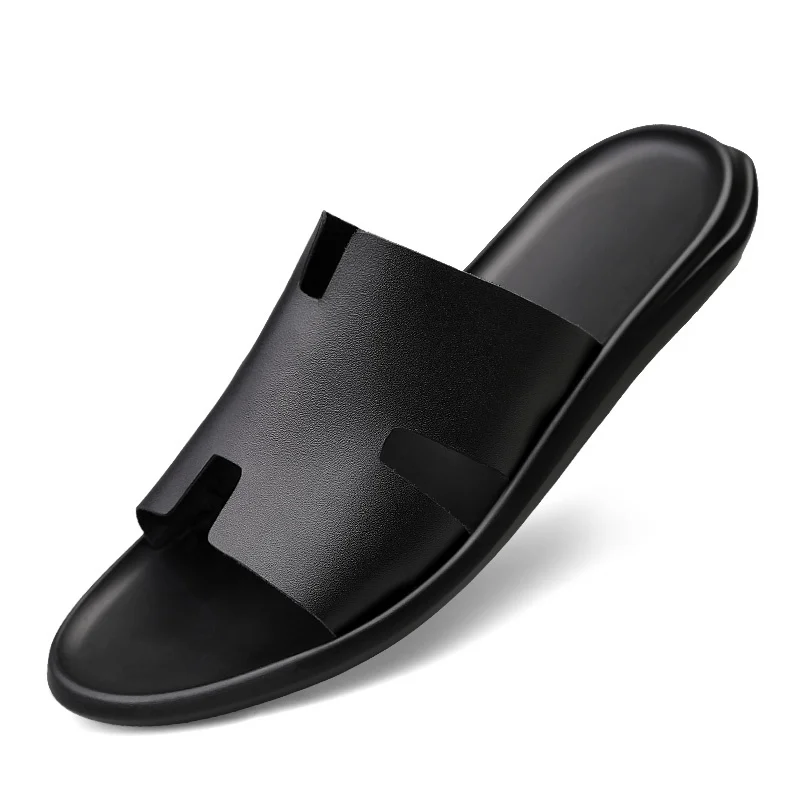 Hot Sale Genuine Leather Men Sandals Slippers Outside Black White Shoes Casual Soft Flip Flops Male Cool Beach Summer Slides 