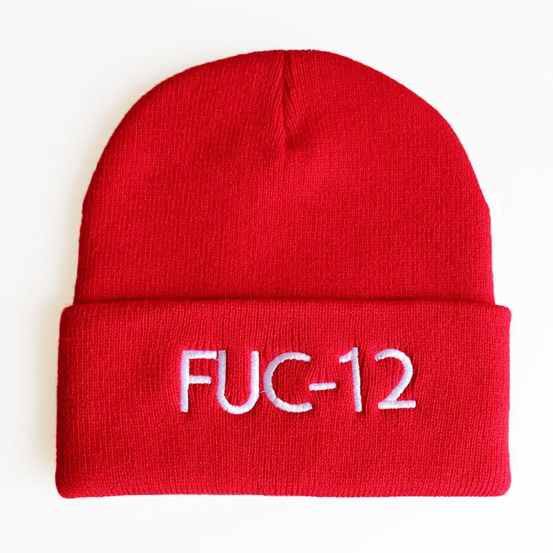 Красный FUC-12 Billie Eilish Beanies акриловые повседневные мужские и женские вязаные зимние шляпы для мальчиков и девочек Skullies шапка с вышивкой Прямая - Цвет: Красный