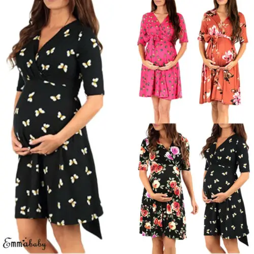 

Pregnant Womens Maternity Dress Floral Half Sleeve Wrap Skirt Elegant Party Wear