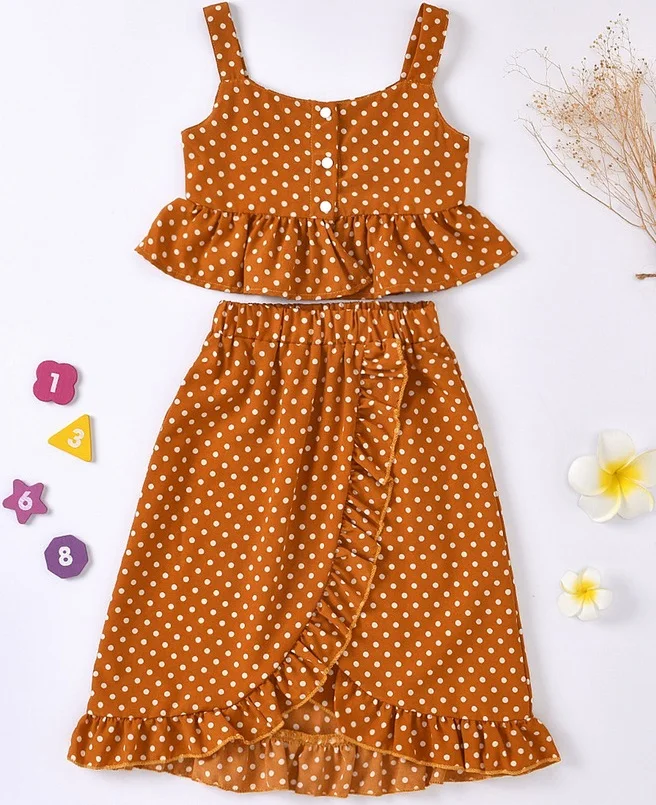 

Girls Set Summer Two Piece Set Fresh Polka Dot Ruffles Suspender Tops and Elastic A-line Mid-length Skirt