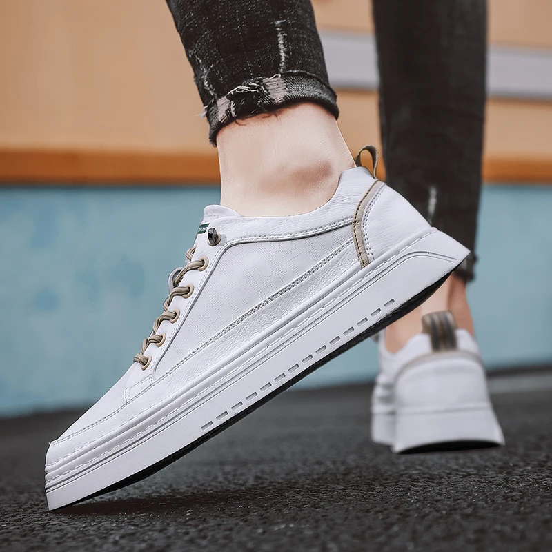 

Men Casual Shoes White Fashion Leather for Man Lace Up Sneaker 2021 New Rubber Sole Non-slip Breathable Soft Flats Male Footwear