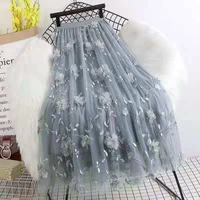 luxury woman skirts 2021 korean style fashion elastic waist appliques embroidery floral mesh skirt long gauze flower skirt