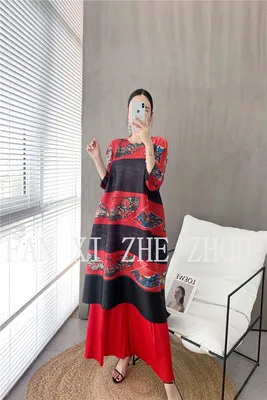 

Miyake Pleated Dress Suit Autumn New Printed Japanese Style Wide Size Loose Women's A Dress Set Trousers Suit Two Piece Set