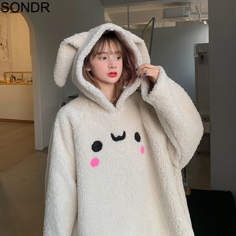 Sweet Kawaii Bunny Ears Hoodie Girl Pullover Dress Women 2020 Winter Woolen Cloth Lively Cute Big Hem Brown Mini Dresses Female