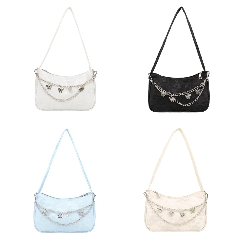 

Lace Butterfly Shoulder Bag Nylon Retro Clutch Bag with Chain Underarm Bags G5AE