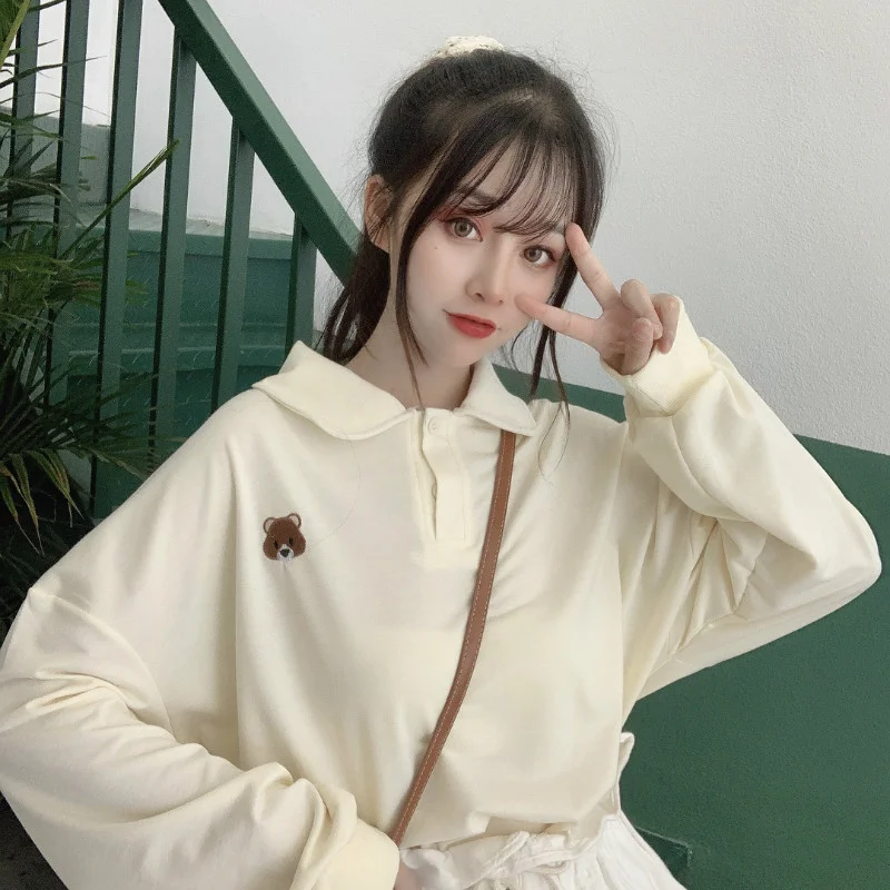 

Hoodies Womens Cartoon-bear Embroidery Turn-down Collar Spring Thin Students Loose Female Sweatshirt Preppy Tees