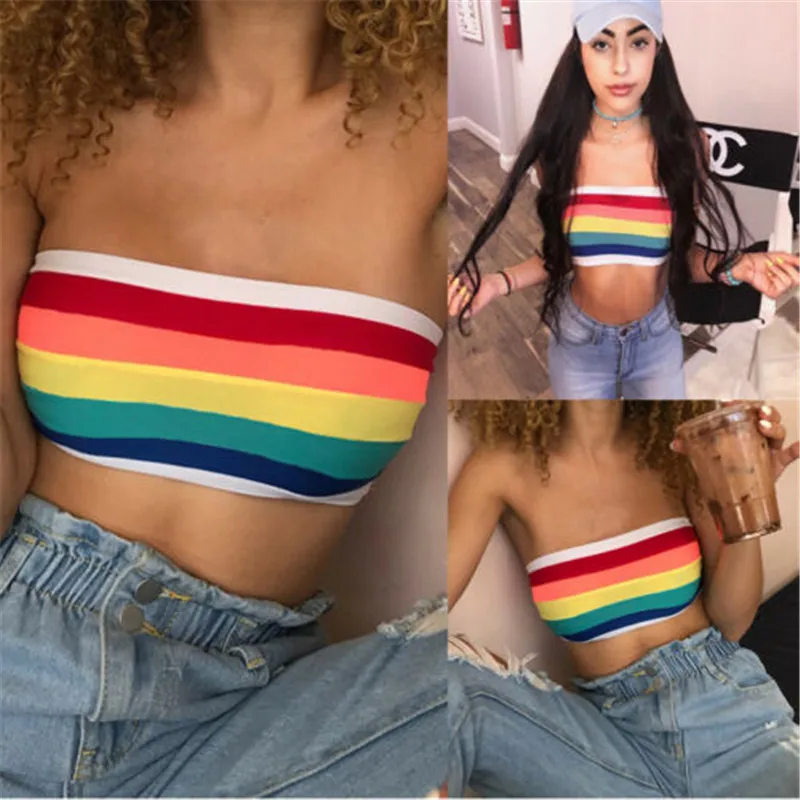 2019 Modis Women Sexy Strapless Tube Tank Top Rainbow Printed Bandeau One-Shoulder Streetwear Crop Wrap Bustier Femme | Женская одежда