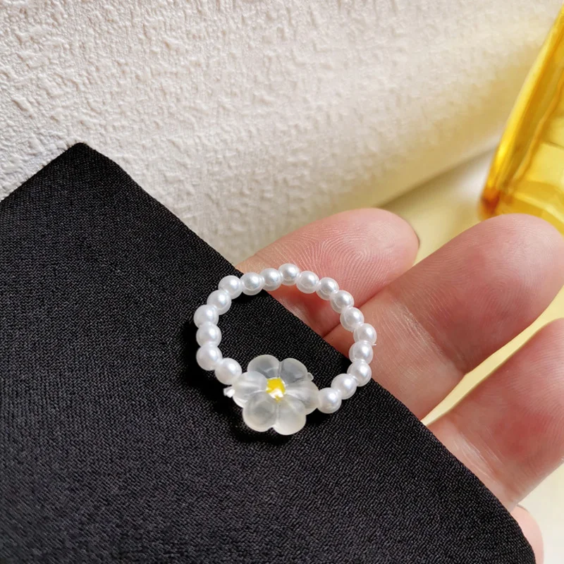 

Elegant Simulated Pearl Bead Flower Elastic Rings For Women Midi Finger Knuckle Ring Fashion Vintage Adjustable Jewelry Gifts