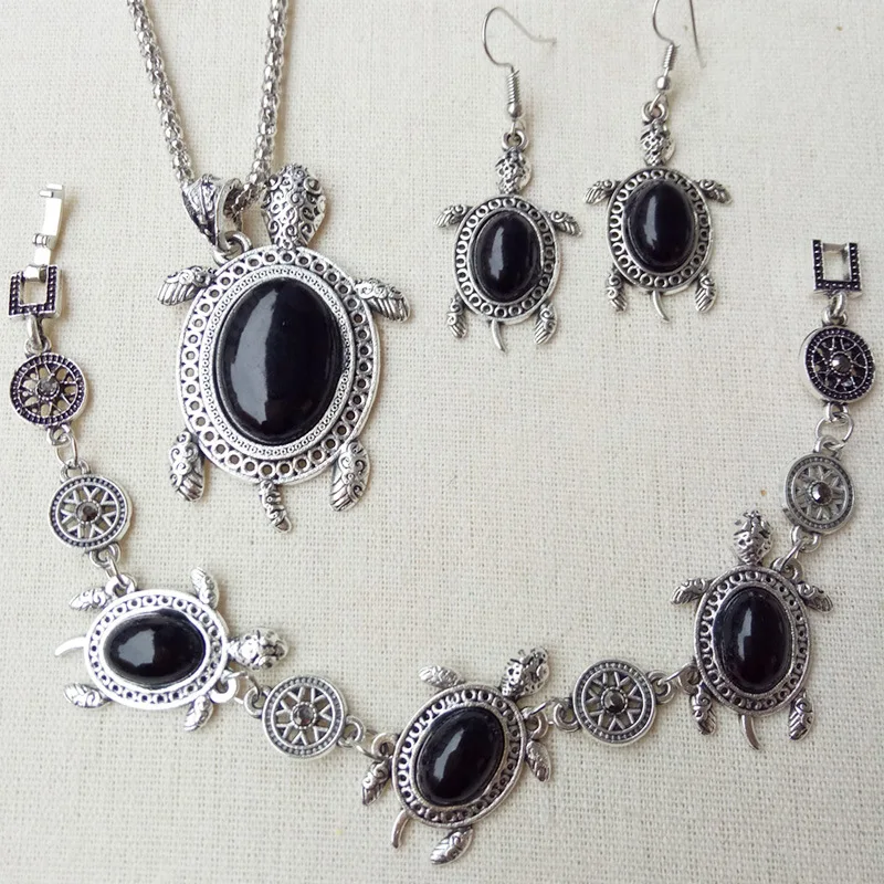 

Turquoise Retro Tortoise Jewelry Sets Pendant Earring Bracelet 925 Silver Necklace Fashion Charm Amulet for Men Women Lucky Gift