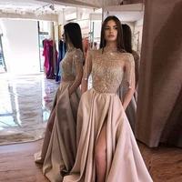 dubai arabic blush evening dress 2021 high neck split with pockets beads tassel handmade long formal prom party gown vestidos