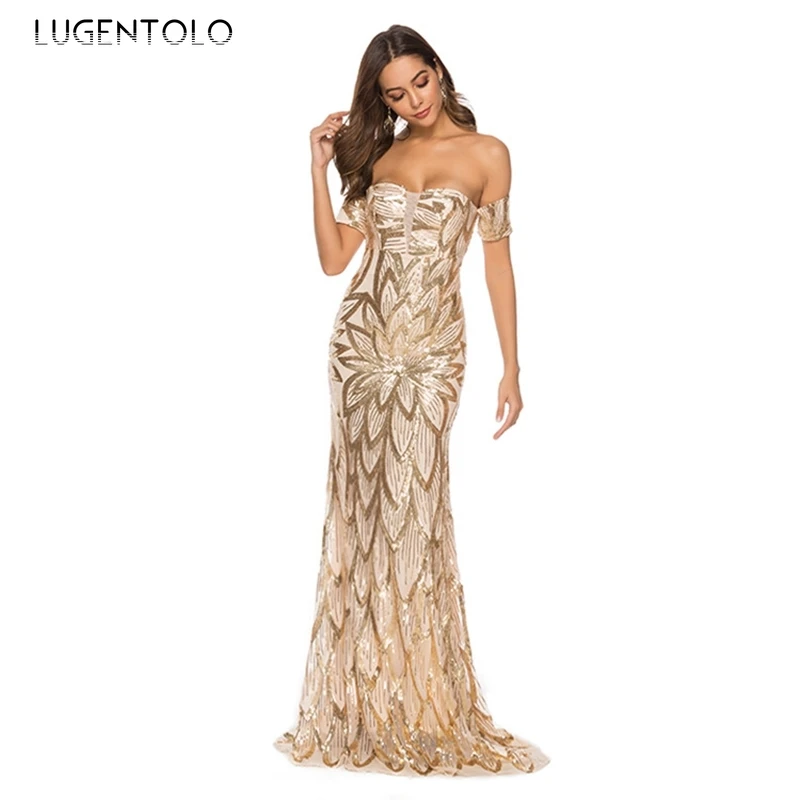 

Lugentolo Elegant Women Party Dress Sequined Wrap-around Sexy Backless Big Swing Off-Shoulder Dinner Lady Maxi Dresses