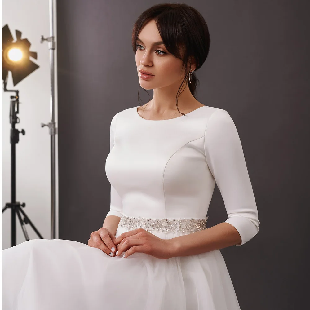 

A-Line Tea Length Wedding Dress Eleagnt Three Quarter Sleeves Scoop Beading Belt Tulle Satin Bridal Dresses Vestido De Novia