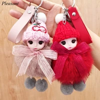 fashion cute plush doll keychain cartoon fox fur big eyes girl doll bow key ring car bag key pendant wholesale
